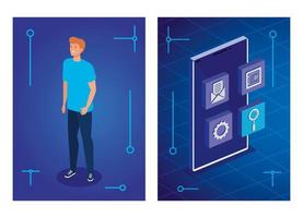 hombre joven con dispositivo de teléfono inteligente y menú de aplicaciones vector