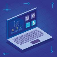 laptop computer with infographics and app menu vector