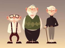 senior people men characters cartoon with glasses and walk stick vector