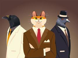 people art animals, cat dove and bird with suit tie and hat accessories vintage clothes vector