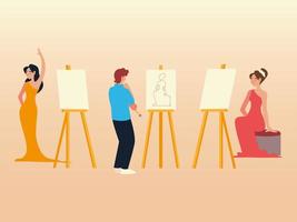 paint class, painter man with sketch model and models posing vector