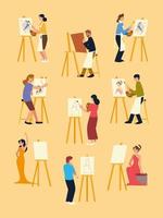 paint class, men and women painting on canvas at easel set vector