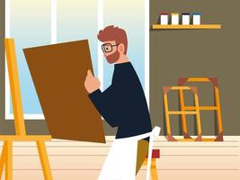pintor de dibujos animados sosteniendo lienzo sentado en el estudio vector