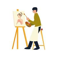 Hombre sentado pinta sobre lienzo con pinturas al óleo y pincel un modelo femenino vector