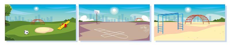 set of kids playgrounds with landscape of city vector