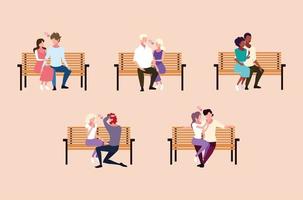 set of couples sitting in the park chair vector