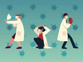 covid 19 virus protection and doctors with masks gloves and megaphone vector design