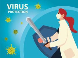 covid 19 virus protection and woman doctor with mask shield and sword vector design