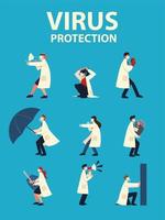 covid 19 virus protection and doctors with masks and icon set vector design