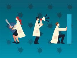 covid 19 virus protection and doctors with masks sword and megaphone vector design