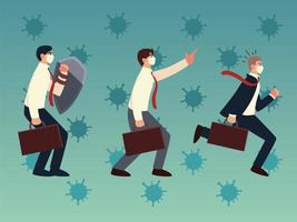 covid 19 virus businessmen with masks and suitcases vector design