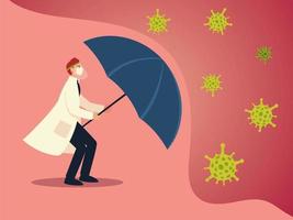 covid 19 virus protection and man doctor with mask and umbrella vector design