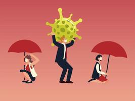 covid 19 virus businesswomen and businessman with masks and umbrellas vector design