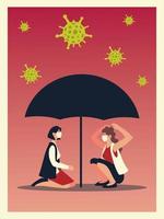covid 19 virus and women with masks and umbrella vector design