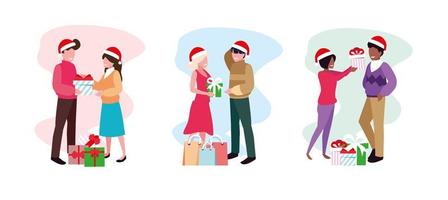 scene of couples with gift box on white background vector