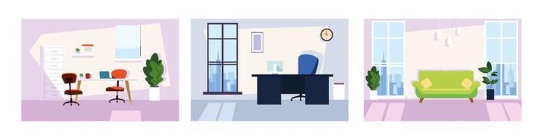 office rooms set , room interiors with office tables, chairs and office supplies vector