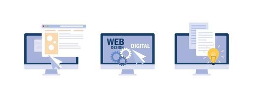 set of desktop computer screens , web programming process vector