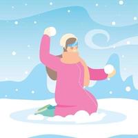 woman with winter clothes in landscape with snowfall vector