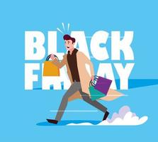 hombre con bolsas de compras y etiqueta de viernes negro vector