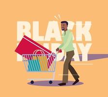 hombre con bolsas de compras y etiqueta de viernes negro vector