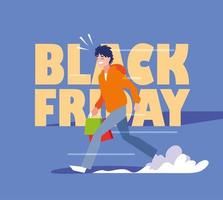 man with shopping bags and black friday label vector