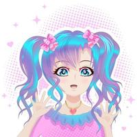 Beautiful girl with blue hair and blue eyes in anime style.