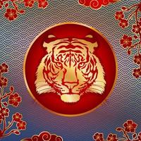 Tiger head. Gold silhouette of a tiger head on a red background with a pattern. vector