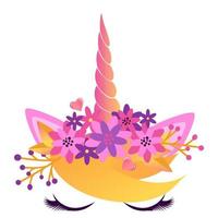 Face of a unicorn with closed eyes and a wreath of flowers.  Vector illustration isolated on white background.