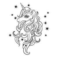 cabeza de un lindo unicornio mágico con estrellas. contorno negro de una cabeza de unicornio, libro para colorear. vector