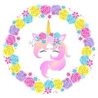 Face of a unicorn with closed eyes and a wreath of flowers.  Vector illustration isolated on white background.