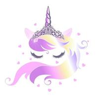 linda cara de unicornio con los ojos cerrados con una tiara de melena arcoíris. vector