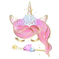 Vector unicorn face with closed eyes and wreath of pink flowers with sparkles.