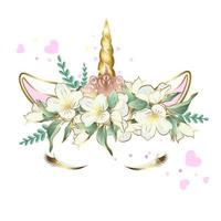 Vector unicorn face with closed eyes and wreath of flowers with  golden horn, tiara, magic wand and gem.