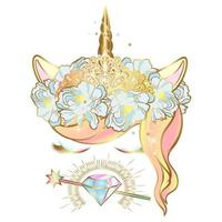 vector cara de unicornio con ojos cerrados y corona de flores con cuerno de oro, tiara, varita mágica y gema.