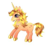 Cute magical little unicorn with golden mane and hooves. The image is isolated on a white background. vector