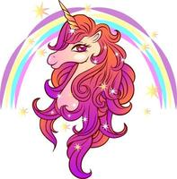 lindo unicornio mágico con estrellas y arco iris. ilustración vectorial de una cabeza de unicornio.