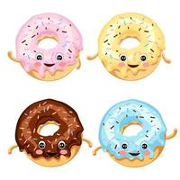 Set of multi-colored funny donuts with eyes in sugar glaze and chocolate with a multi-colored coating. Vector illustration.