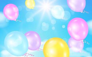 Fantasy background of magical blue sky with flying colorful balloons.