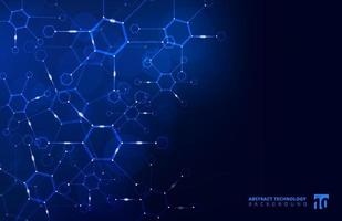 Abstract hexagon geometric background with connected line and dots on blue background. Big data Visualization. vector