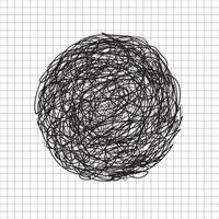 Abstract hand drawn scrawl sketch black color circle tangle, scribble, doodle on grid white background vector