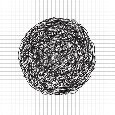 Abstract hand drawn scrawl sketch black color circle tangle, scribble, doodle on grid white background