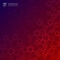 Abstract geometric technology hexagon with dots lines connection blue and red gradient background. vector