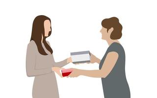Two girls exchanging gifts, Christmas vector illustration, creative gift exchange vector artwork. flat character illustration of people giving gifts.