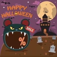 Halloween Character Head With Mouse Head On Graveyard and Palace. Percent, Sale, and Dark Background vector