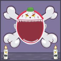 Halloween Character Design With Creepy Clown Head. On Skull and Candles vector