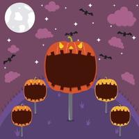 Pumpkin Character in Field and On Night. Vector And Illustration