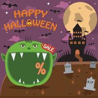 Halloween Character Head With Goblin Head On Graveyard and Palace. Percent, Sale, and Dark Background vector