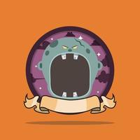 Vintage Monster Head Circle Label With Grey Zombie Design. vector