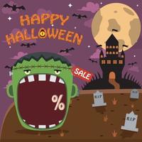 Halloween Character Head With Frankenstein Head On Graveyard and Palace. Percent, Sale, and Dark Background vector