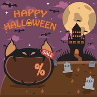 Halloween Character Head With Creepy Bat Head On Graveyard and Palace. Percent, Sale, and Dark Background vector